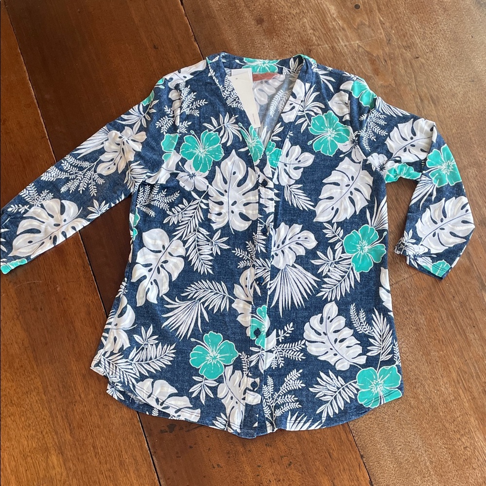 Tropical Blue and Teal Button Down Shirt NWT